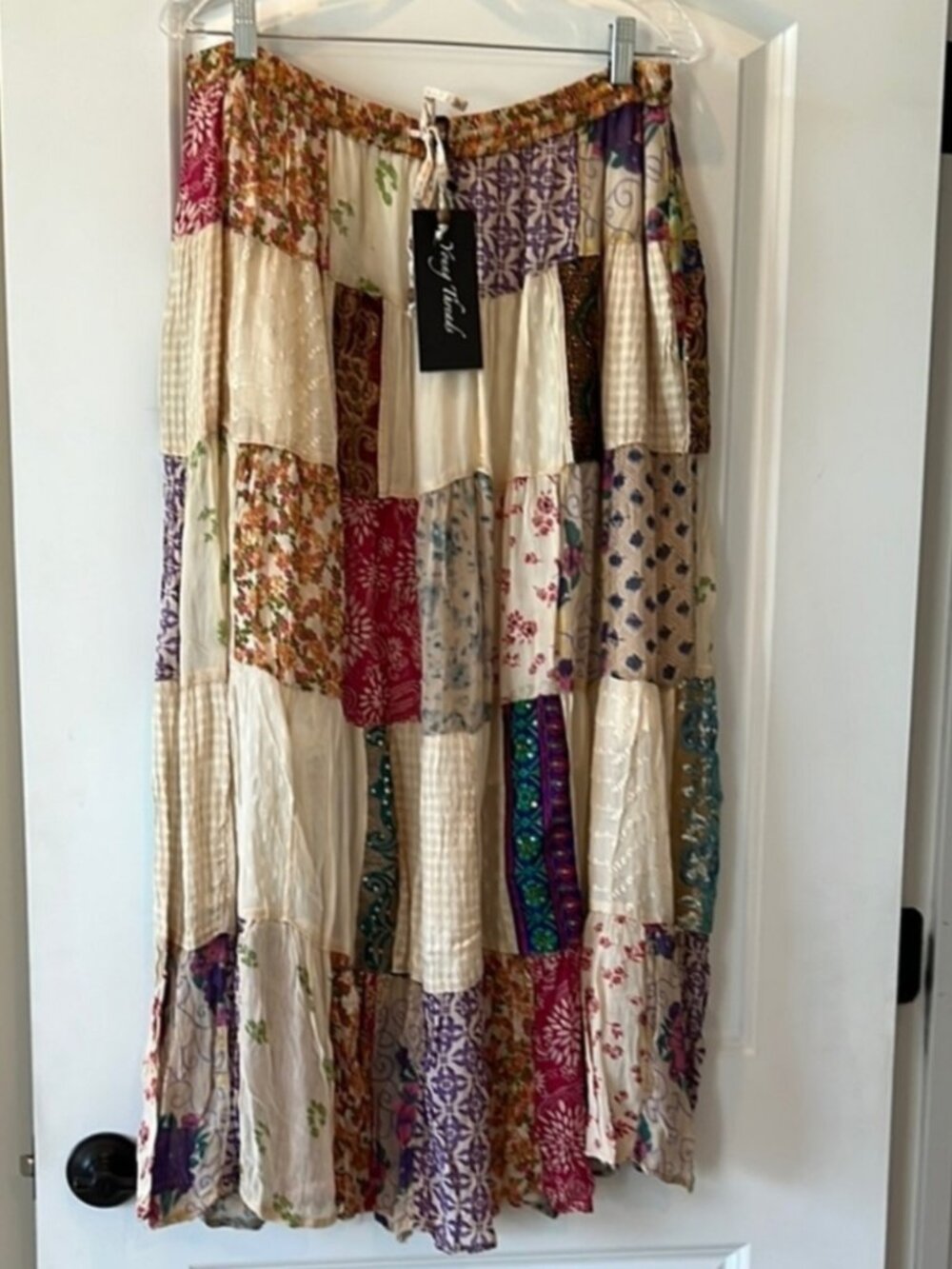 Bohemian Floral Patchwork Maxi Skirt elastic Waistband
